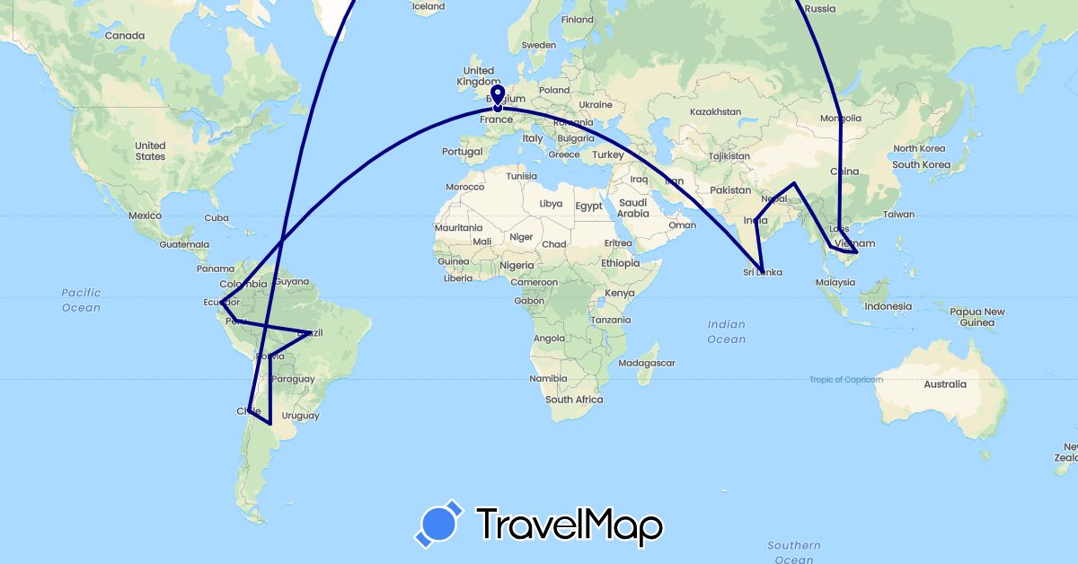 TravelMap itinerary: driving in Argentina, Bolivia, Brazil, Chile, China, Colombia, Ecuador, France, India, Cambodia, Laos, Sri Lanka, Mongolia, Nepal, Peru, Thailand, Vietnam (Asia, Europe, South America)